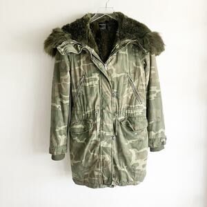 Zara Trafaluc S Small Hooded Jacket Coat Camo Faux Fur Hooded Green Print Long